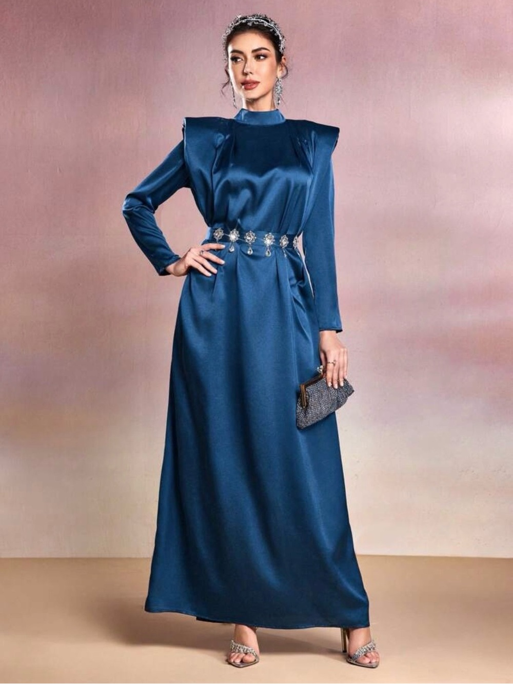 SHEIN Teal Satin Long Sleeve Maxi Dress with Rhinestone Waist